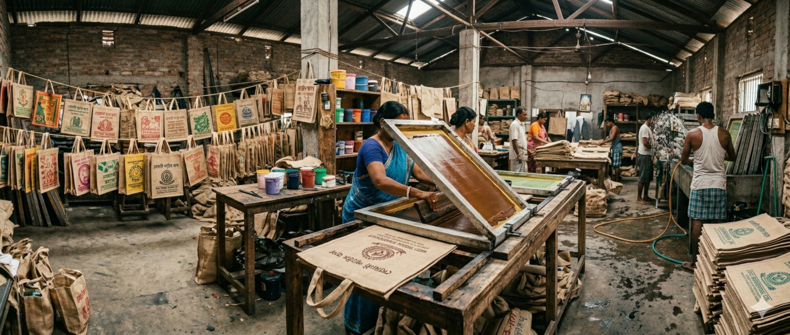 Workers in a screen printing factory in West Bengal. AI generated.