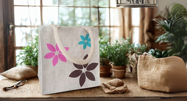 Jute bag with floral designs on a table with plants in the background