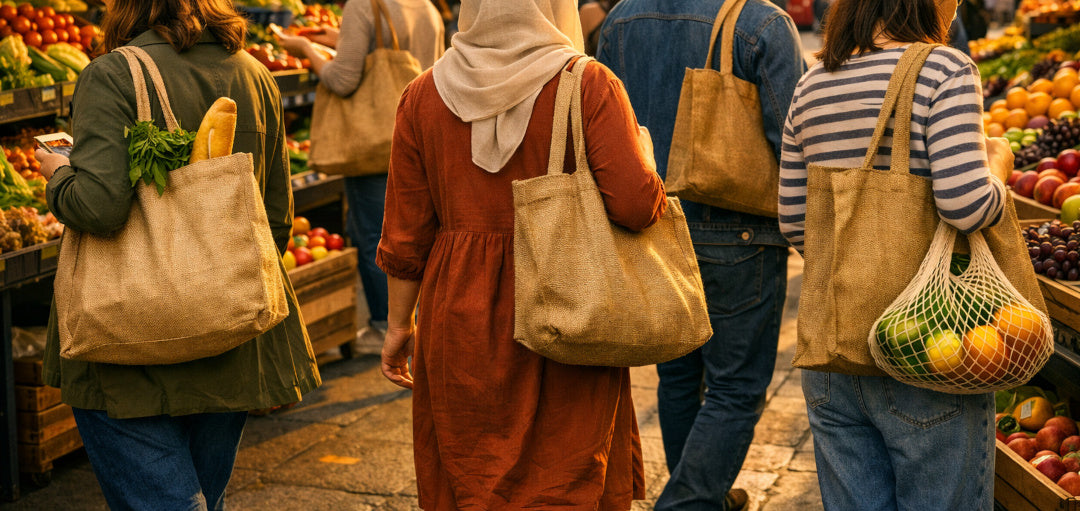 Several people walking through a fruit and vegetable market aisle, each carrying a large canvas tote bag. The centre person wears a rust-coloured dress and a light beige headscarf, while others wear casual clothing and blue jeans.