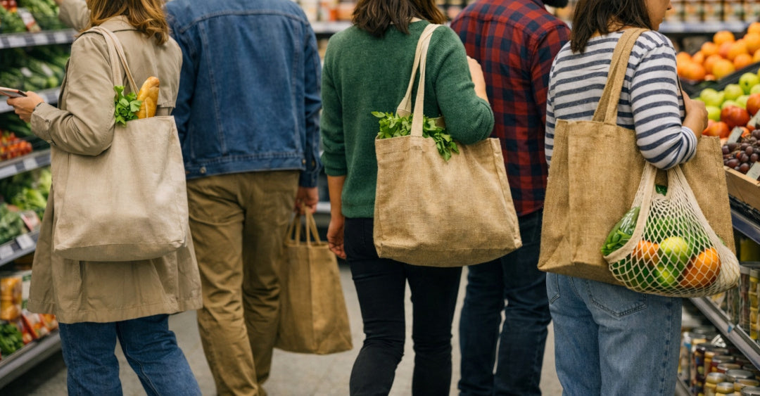 Several people walking through a  supermarket grocery aisle, each carrying reusable tote bags filled with fresh produce. The bags are made of natural jute or canvas, with one also in a mesh bag.