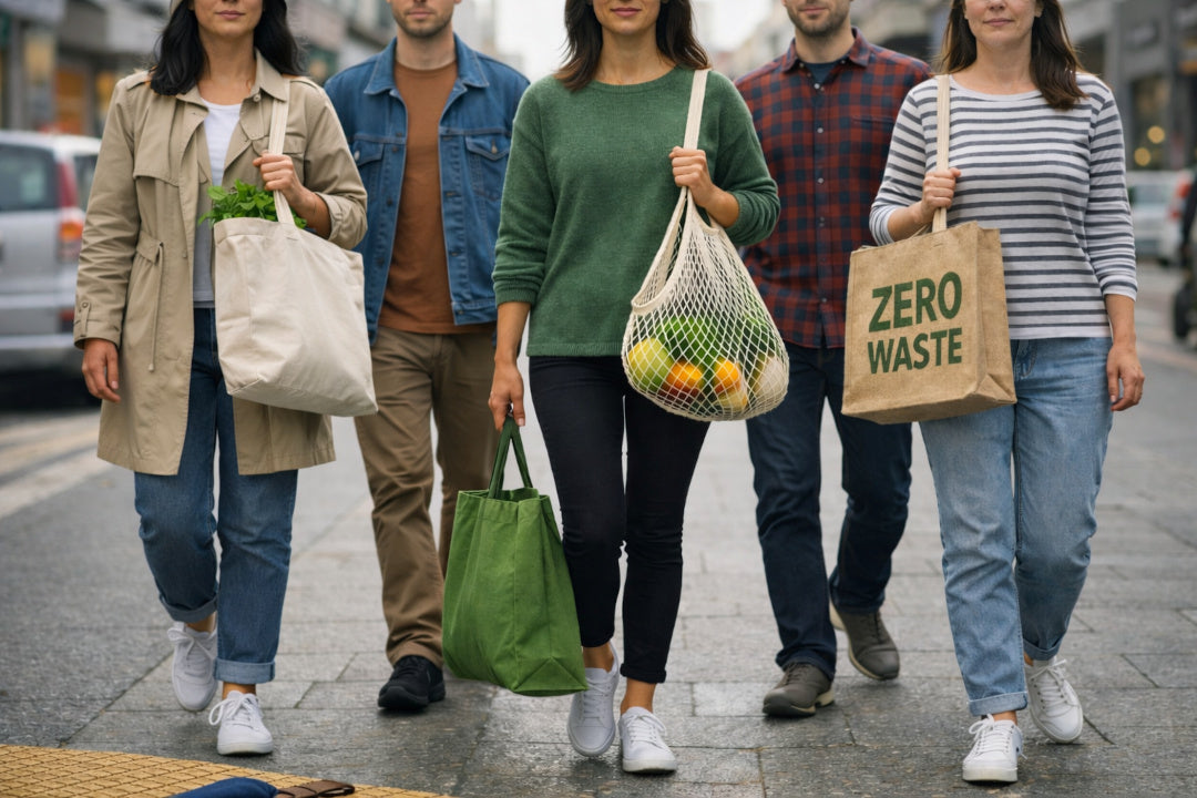 People walking along the high street with eco friendly bags. AI generated.