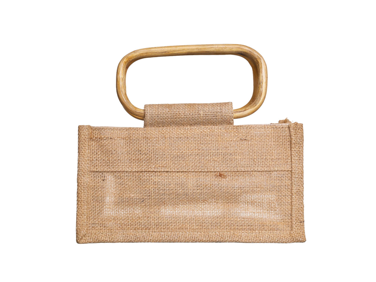 A rectangular beige woven jute jar bag, with cane handles, shown against a plain white background.