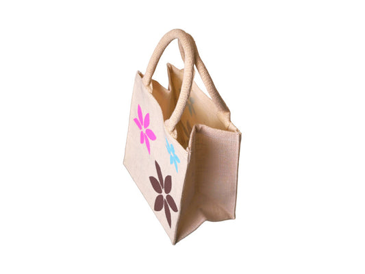 Jute Tote Gift Bag, Flower Design, Small 22 × 21 × 15 cm