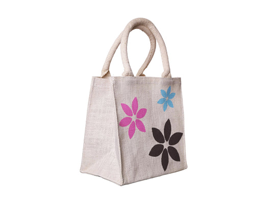 Jute Tote Gift Bag, Flower Design, Small 22 × 21 × 15 cm