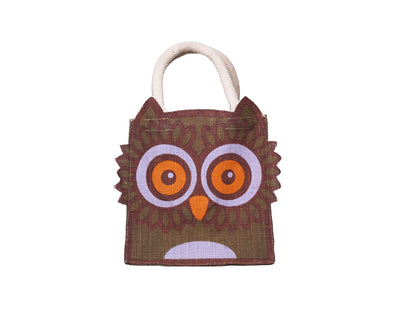 Jute Tote Gift Bag, Owl Design, Small 21 x 22 x 14 cm