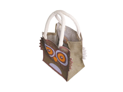 Jute Tote Gift Bag, Owl Design, Small 21 x 22 x 14 cm