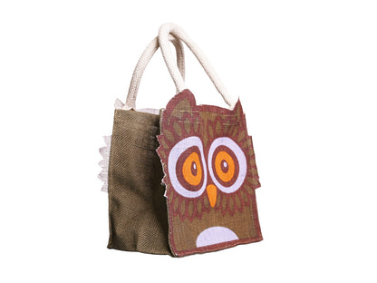 Jute Tote Gift Bag, Owl Design, Small 21 x 22 x 14 cm