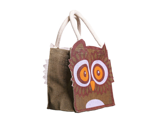 Jute Tote Gift Bag, Owl Design, Small 21 x 22 x 14 cm
