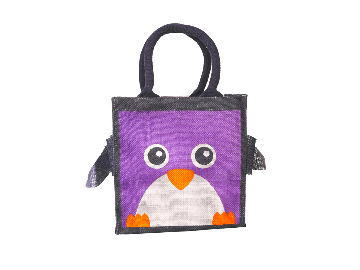 A small black jute tote bag with a purple front panel featuring a cartoon penguin face in white and orange, facing straight on, shown on a plain white background.