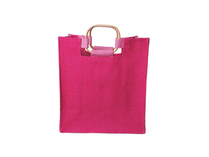 Jute Gift Bag with Cane Handles, Medium, Pink 28 × 31 × 13 cm