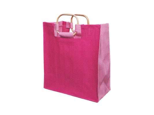 Jute Gift Bag with Cane Handles, Medium, Pink 28 × 31 × 13 cm