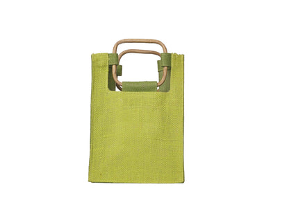 A lime green woven jute tote bag with cane handles, facing straight on, shown on a plain white background.