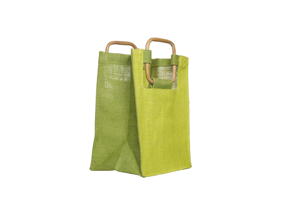 A lime green woven jute tote bag with cane handles, facing 45 degrees to the right, shown on a plain white background.