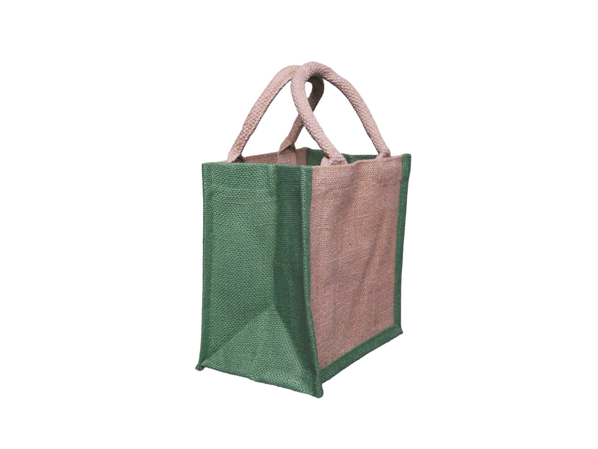 A jute tote bag, featuring a natural front and back panels and sides, and green side panels, natural cotton cord handles, facing 45 degrees to the right, shown against a plain white background.