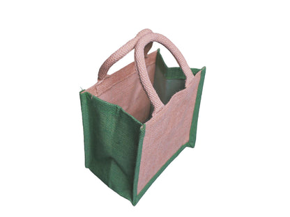 A jute tote bag, featuring a natural front and back panels and sides, and green side panels, natural cotton cord handles, facing 45 degrees to the right from an angled aerial view, shown against a plain white background.