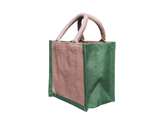 Two Tone Jute Tote Bag, Green, Small 21 × 21 × 14 cm