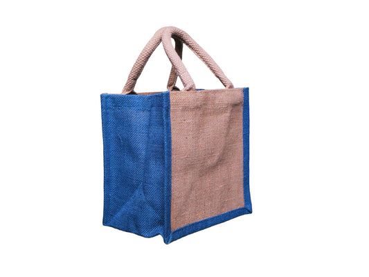 Two Tone Jute Tote Bag, Blue, Small 21 × 21 × 14 cm