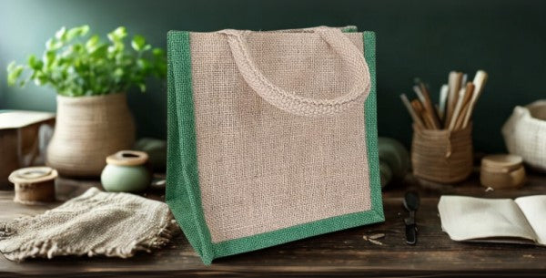 Jute bag with green trim on a wooden surface with rustic decor