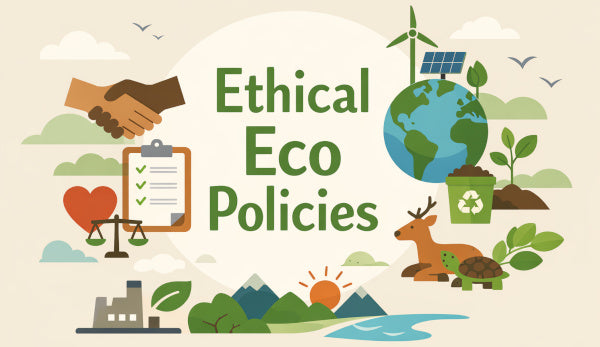 Illustration of 'Ethical Eco Policies' with icons of handshake, clipboard, globe, trees, and nature elements on a beige background.