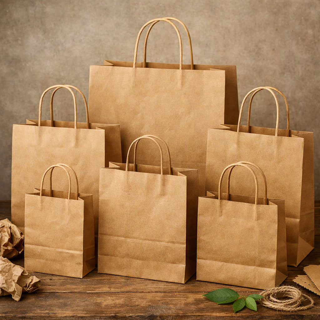 Collection of brown kraft recycled paper carry bags on a ustic wooden table.